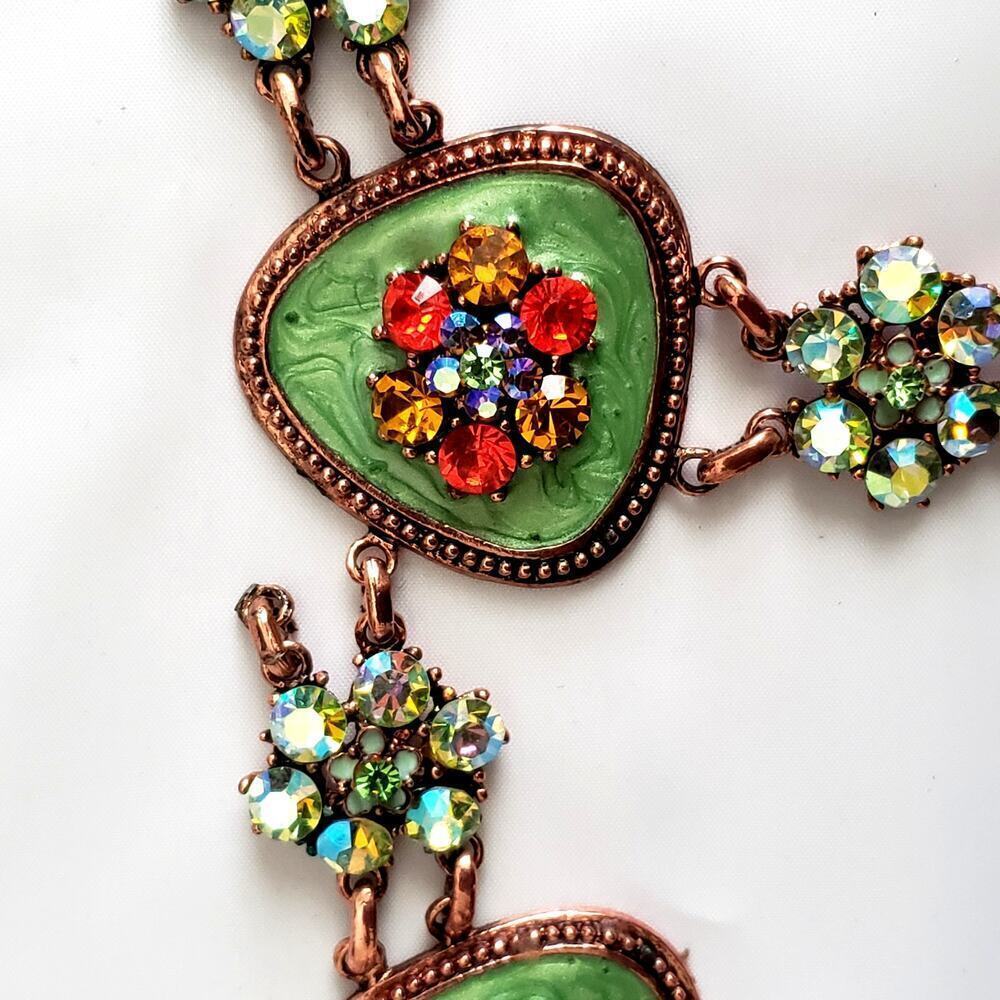 Vintage Copper Necklace & Earrings with Green Enamel and Colorful Rhinestones - Picture 7 of 8